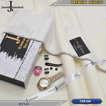 J. Imported 12 Pound Bosky With Luxury Box & Bag + Button + Tasbeeh + Rolex Watch + Cufflinks ( Cream )