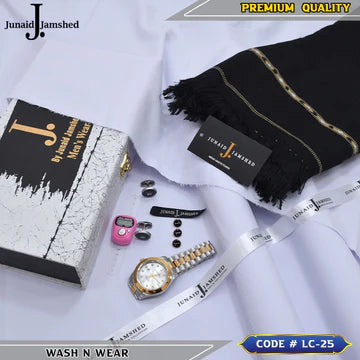 J. Business Class 4 Season Wash N Wear With Luxury Box & Bag + Button + Tasbeeh + Rolex Watch + Cufflinks + Shawl