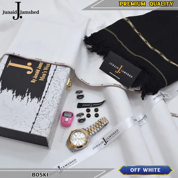 J. Imported 12 Pound Bosky With Luxury Box & Bag + Button + Tasbeeh + Rolex Watch + Cufflinks + Shawl ( Off White )