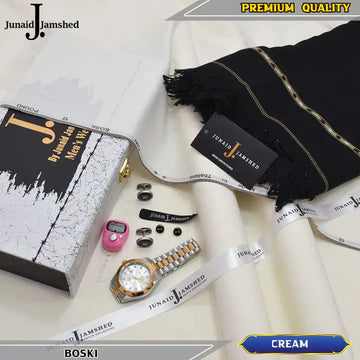 J. Imported 12 Pound Bosky With Luxury Box & Bag + Button + Tasbeeh + Rolex Watch + Cufflinks + Shawl ( Cream )