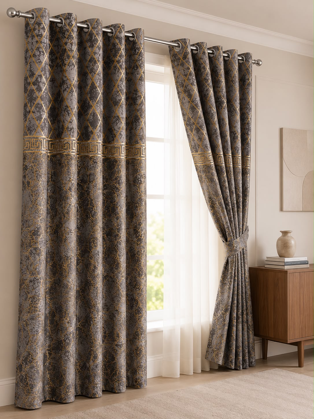 Luxury Velvet Printed Curtains (1 Piece) – Premium Eyelet Ready-to-Hang | 4.5×9 Ft