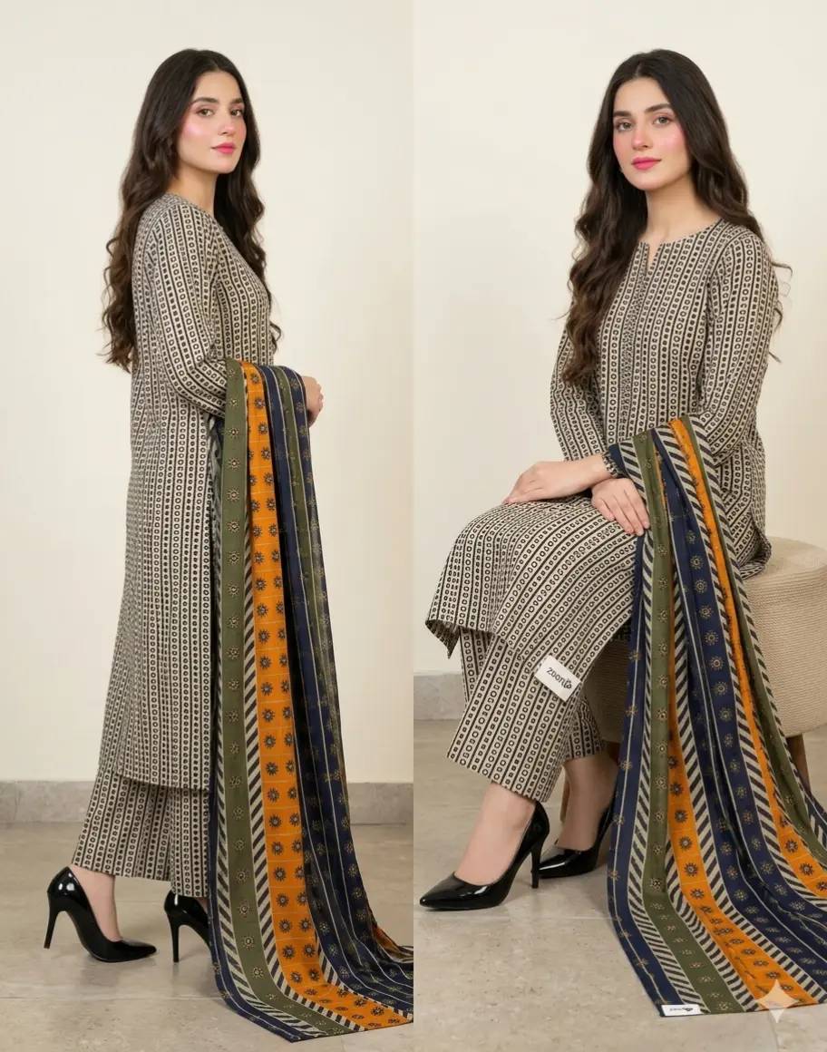 Classic Monochromatic Geometric Print with Signature Blue Duppata