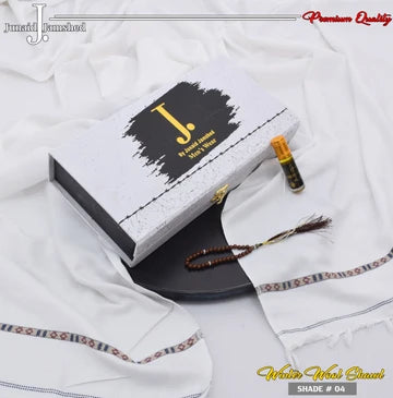 J. PREMIUM WOOL SHAWL FOR MEN WITH LUXURY BOX & BAG +GIFT TASBEH & ATAR ( pearl white )