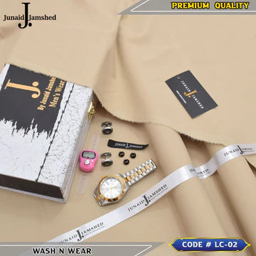 J. Business Class 4 Season Wash N Wear With Luxury Box & Bag + Button + Tasbeeh + Rolex Watch + Cufflinks ( Almond )