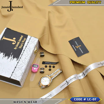 J. Business Class 4 Season Wash N Wear With Luxury Box & Bag + Button + Tasbeeh + Rolex Watch + Cufflinks ( Skin Gold )