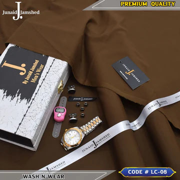 J. Business Class 4 Season Wash N Wear With Luxury Box & Bag + Button + Tasbeeh + Rolex Watch + Cufflinks ( Coco Brown )