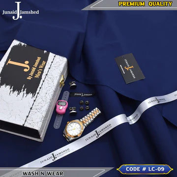 J. Business Class 4 Season Wash N Wear With Luxury Box & Bag + Button + Tasbeeh + Rolex Watch + Cufflinks ( Denim Blue )