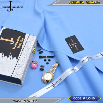 J. Business Class 4 Season Wash N Wear With Luxury Box & Bag + Button + Tasbeeh + Rolex Watch + Cufflinks ( Sky Blue )
