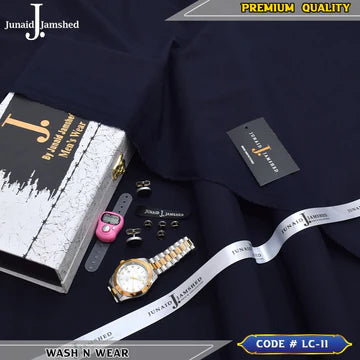 J. Business Class 4 Season Wash N Wear With Luxury Box & Bag + Button + Tasbeeh + Rolex Watch + Cufflinks ( Navy Blue )