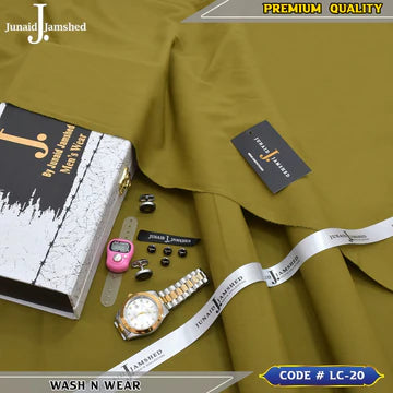 J. Business Class 4 Season Wash N Wear With Luxury Box & Bag + Button + Tasbeeh + Rolex Watch + Cufflinks ( Mehndi )