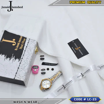J. Business Class 4 Season Wash N Wear With Luxury Box & Bag + Button + Tasbeeh + Rolex Watch + Cufflinks ( Off White )