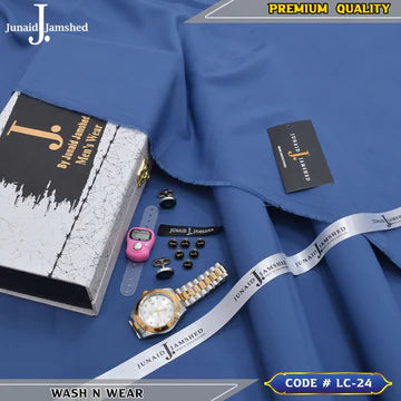 J. Business Class 4 Season Wash N Wear With Luxury Box & Bag + Button + Tasbeeh + Rolex Watch + Cufflinks ( Zinc Blue )