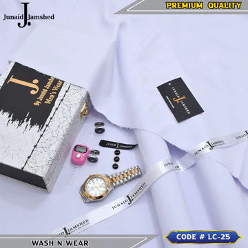 J. Business Class 4 Season Wash N Wear With Luxury Box & Bag + Button + Tasbeeh + Rolex Watch + Cufflinks ( Pure White )