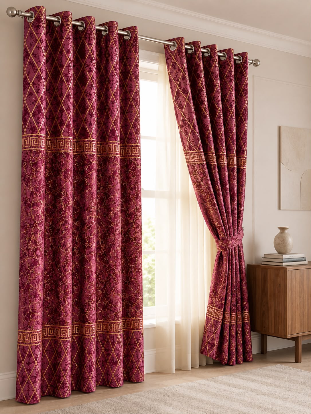 Luxury Velvet Printed Curtains (1 Piece) – Premium Eyelet Ready-to-Hang | 4.5×9 Ft