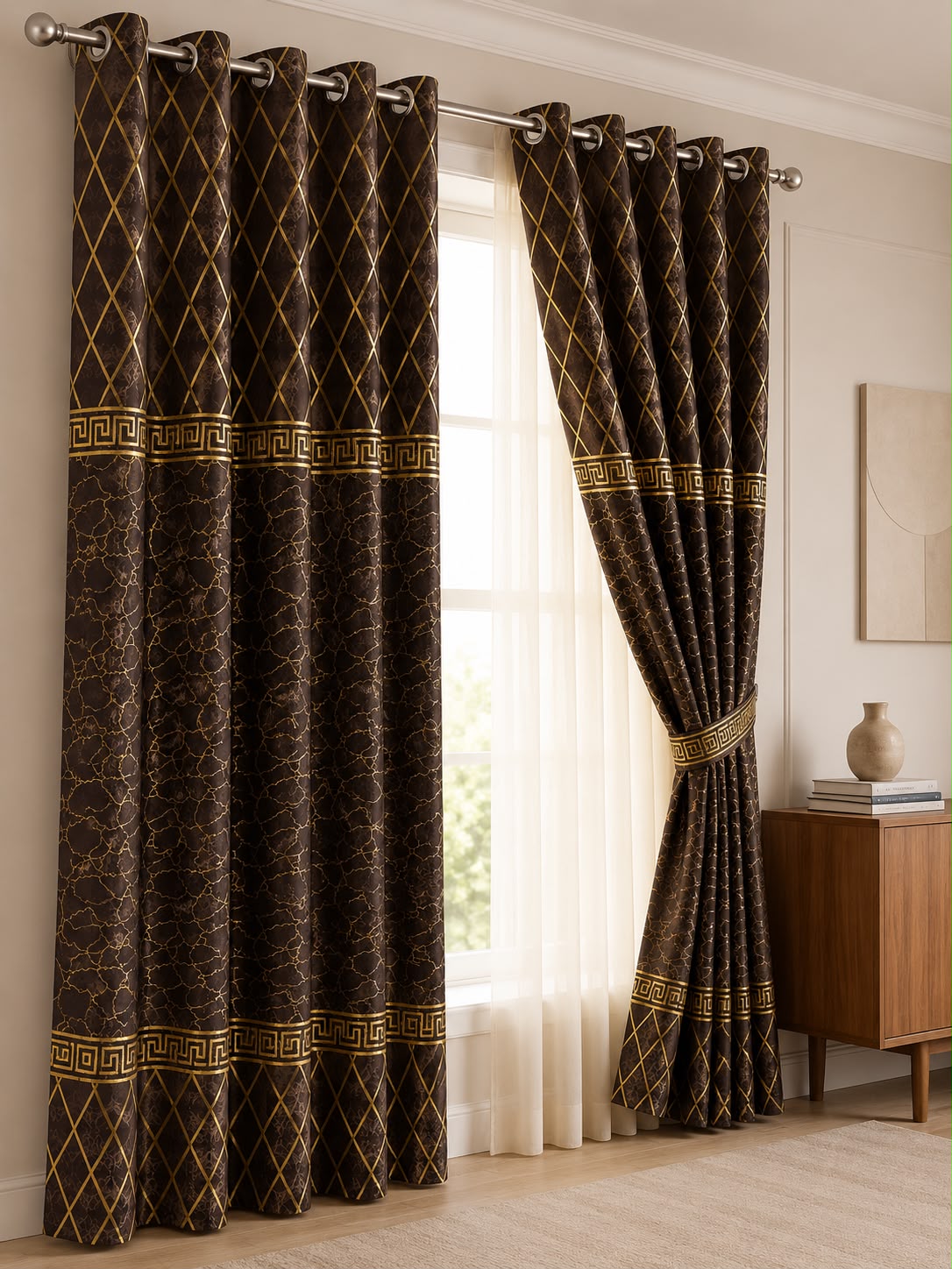 Luxury Velvet Printed Curtains (1 Piece) – Premium Eyelet Ready-to-Hang | 4.5×9 Ft